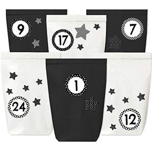 PaPIerDraCHeN Calendario dell'Avvento da riempire - 24 Sacchetti di Carta in Bianco e Nero e 24 Adesivi numerici (Bianchi e Neri con Stelle) - da Fare da Soli e riempire - Mini Set 113 - Natale 2021