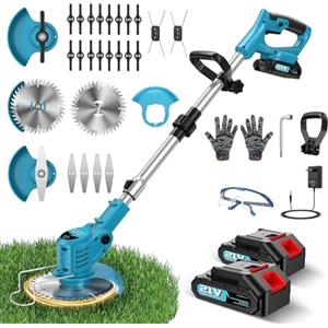 finade Decespugliatore a Batteria 21V 500W, Tagliaerba Elettrico 2 Batteria 2000 mAh 4 Tipi di Lame, L'asta l'impugnatura Regolabili e Pieghevoli, Testa Girante a 90° Per Rifinire Facilmente Giardino e Prati