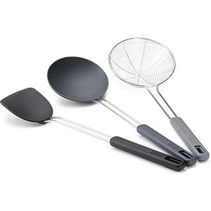 Joseph Joseph Nest Fusion Set di 3 Utensili per Wok in Silicone Acciaio Inox, Spatola, Cucchiaio e Schiumarola, senza BPA, Antiaderente, Resistente al Calore