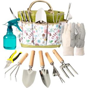 Bamworld Set da 9 Pezzi Attrezzi da Giardinaggio in Acciaio Inossidabile Resistente Antiruggine con Organizer Ideale, Kit di Giardinaggio per Accessori da Giardinaggio, Regali per Giardinaggio