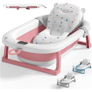 JUPPLIES Vaschetta Bagnetto Neonato Pieghevole con Cuscino Ergonomico e Termometro Digitale - Vasca Bagnetto Neonato Salvaspazio Antiscivolo - Facile da Riporre (75x45x20 cm - Rosa)