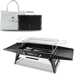 Charmline 34 x 23 cm Griglia a Carbone Portatile Pieghevole, Barbecue Carbonella Portatile Compatta per 1-3 Persone, Griglia BBQ per Campeggio, Picnic, Giardini e Feste in Spiaggia, Nero