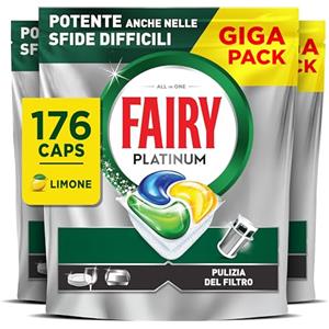Ambi Pur Fairy Platinum Detersivo Pastiglie Lavastoviglie Plus, Brillantante, 176 Capsule Lavastoviglie, Limone, Tecnologia Anti-Opaco Con Azione Brillantante, Contro Il Grasso E Le Incrostazioni Ostinate