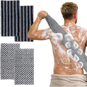 JRSHIRLEYLTD 4 guanti esfolianti permanenti, per pulizia profonda e scrub per il corpo, extra lunghi, per bagno, sauna, scrub per la schiena per donne e uomini (grigio-nero)