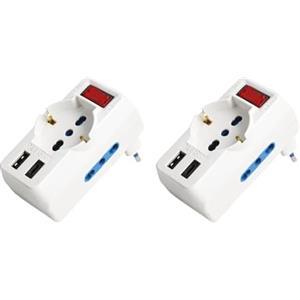 A2ZWORLD Adattatore Multiprese 5 In 1, 2 Porte USB + 2 Prese Bipasso 10A/16A + 1 Presa Schuko Universale, Interruttore, Spina Piccola 10A a 90° Salvaspazio (2 Pezzi, USB C + USB A)