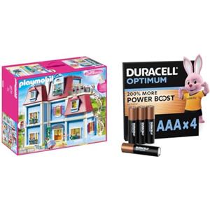 PLAYMOBIL Dollhouse 70205 - Grande casa delle bambole, Con campanello funzionante, Dai 4 anni + Duracell Optimum confezione da 4 AAA