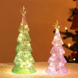 Lewondr Albero di Natale in Vetro Lampade, 2PCS Albero da Tavolo di Mercurio con Luci, Luce Notturna di Natale a Batterie Incorporata, Decorazione Natalizia per Tavolo e Caminetto, Verde e Viola