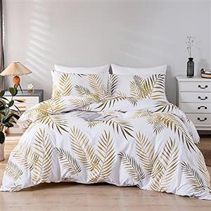 Jemiipee Set Copripiumino Letto Matrimoniale con Motivo Foglie Tropicali Dorate 1 x Copripiumino 230x260 cm e 2 x Federe 51x92 cm Completo Sacco Biancheria da Letto 100% Microfibra Parure Oro Bianco
