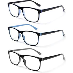 MMOWW Confezione da 3 Occhiali da Lettura Donna Uomo, Anti Luce Blu Rettangolari Occhiali con Cerniere a Molla (Blu Blu Grigio, +2.0)