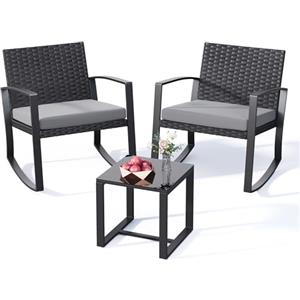Xbro Salottino da Giardino Esterno con Sedie a Dondolo, Set Balcone 3 Pezzi in Rattan con Tavolo da Esterno e Cuscini per Terrazza Patio Veranda