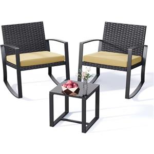 Xbro Salottino da Giardino Esterno con Sedie a Dondolo, Set Balcone 3 Pezzi in Rattan con Tavolo da Esterno e Cuscini per Terrazza Patio Veranda