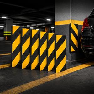 MIOEUZS Paracolpi Garage 6 Pezzi 30 x 10 x 3 cm, Gommapiuma Adesiva EVA per Protezione Portiere Auto, Paracolpi Garage Auto da Muro Nero Giallo per Parete, Colonna e Carport