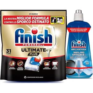 Finish Kit Lavastoviglie, 31 Pastiglie Ultimate Plus contro lo Sporco e i Residui Incrostati e 1 Brillantante Regualr da 500ml