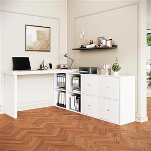 MAMAINI Tavolo angolare, piano girevole a 360°, a forma di L o dritto, in MDF, piano e gambe rinforzate da 4 cm, con 4 scomparti, 4 cassetti, bianco, posizionabile in modo flessibile