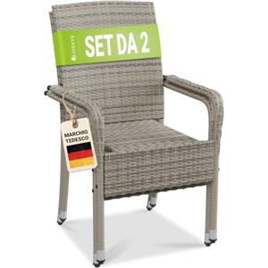 Juskys Sedie da giardino in polyrattan Yoro set da 2 con braccioli e schienale - 2 sedie impilabili - sedia in rattan per giardino - sedia impilabile grigio melange