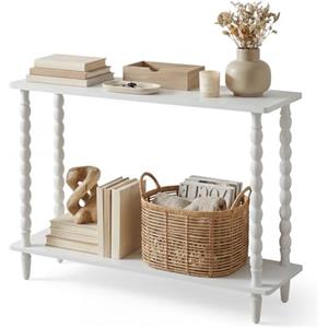HOOBRO Tavolo Console Stretto da 100 cm, Consolle Ingresso a 2 Ripiani, Tavolino Laterale e da Ingresso, per Dietro Divano, Gambe in Legno Massello a Forma di Zucca, Bianco EWT105XG01