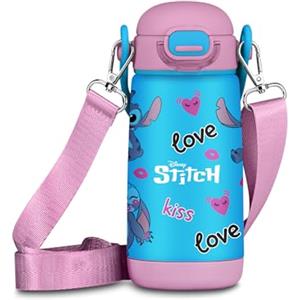 Seven Borraccia Kid con tracolla LILO & STITCH, Blu, 400 ml, Acciaio Inox, BPA free, Ermetica, Caldo 12h/Freddo 24h, A prova di perdite, Scuola, Sport, Viaggio, Per bambini, Idea regalo