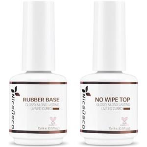 Nicedeco Professionale Clear Base Rubber Gel e No Wipe Top Coat Set Smalto Semipermanente Unghie Rinforzante Unghie Gel UV/LED Soak Off - Autolivellante & Naturale, 15ML
