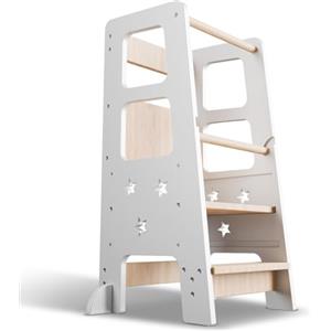 Juskys torre didattica Henny - per bambini da 1 anno, torre Montessoriana, tripla regolazione in altezza, sistema antiribaltamento, sgabello da cucina - bianco