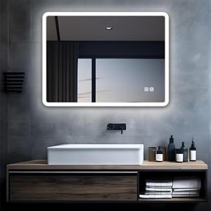 MIQU Specchio da bagno a LED con illuminazione 80 x 60 cm, specchio da bagno grande con touch, dimmerabile, caldo/bianco, senza appannamento, per WC, corridoio, rettangolo