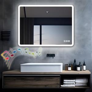 MIQU Specchio da bagno a LED con illuminazione, 80 x 60 cm, specchio da bagno, grande specchio Bluetooth e presa tattile, dimmerabile, luce calda/bianca, senza appannamento, specchio da parete per