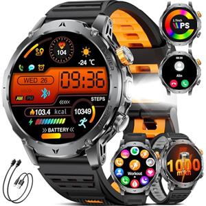 LIGE Smartwatch Uomo,1000mAh,1.7" Smart Watch Militare con Chiamata/Torcia LED,110+ Modalità Sportive,IP68 Impermeabile,Frequenza Cardiaca,Android iOS,3 Braccialetti,2 Caricabatterie,EF24-E
