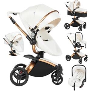 Veitoalioy PU Pelle Passeggino 3 in 1 Trio Neonati, 360° Sedile Girevole 3 in 1 Passeggini Per Neonato, Carrozzino multifunzione, Passeggino Pieghevole (906 White)