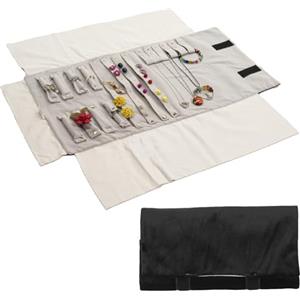 FS-Dream Rotolo Portagioielli in Morbido Velluto Capiente e Compatto - Portagioie Donna da Viaggio con più di 50 Slot per Anelli, Collane, Orecchini e Braccialetti (Nero/Grigio)