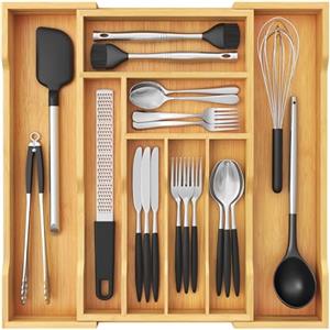 Lifewit Grande portaposate per cassetti, profondità 47 cm, inserto per posate estraibile fino a 50 cm di larghezza, organizer per cassetti da cucina, porta posate in bambù per cucchiai/forchette
