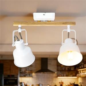 Aulaiyi Faretto da soffitto a 2 luci, orientabile a 350°, vintage, lampada da soffitto a LED, attacco E14, attacco industriale con venature del legno, per cucina, soggiorno, camera da letto, bianco