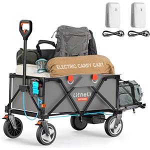 LiTHELi Carrello Elettrico Pieghevole, Carrello a Mano Pieghevole con Motore e Freni, 200L 60KG Adatto per Campeggio, Giardino, Spiaggia, Shopping (Grigio, V140i con 2 Batterie)