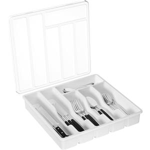 Lifewit Portaposate con Coperchio, Contenitore Porta Posate da Cassetto per Cucina, Organizer in Plastica per Cassetto per Cucchiai, Forchette, Coltelli, 6 Scomparti, Bianco