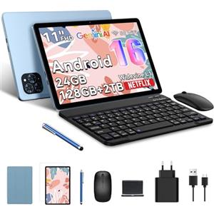 TABWEE Android 16 Tablet con Tastiera, 11 pollici 90Hz FHD, 24GB RAM+128GB ROM (2 TB TF), 8000 mAh, Widevine L1, Gemini AI 3.0, 13MP, GPS, Face ID, 3.5 mm Jack Port -Blu (4 Anni Garanzia)