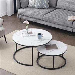 DEYARNA HOME Set di 2 Tavolini da Caffè a Nido ; Moderni Tavolini da Caffè Rotondi per Soggiorno, Camera da Letto, Balcone, Ufficio. Grande: 60 * 60 * 45cm; Piccolo: 40 * 40 * 35cm (Bianco/Nero)