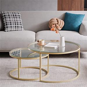 DEYARNA HOME Set di 2 Tavolini da Caffè a Nido D'oro, Tavolini a Nido di Vetro per Soggiorno, Camera da Letto, Tavolino Moderno con Vetro Temperato (Vetro/Oro, 80cm+60cm)