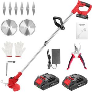 Bamse Decespugliatore a Batteria 21V, Bamse Tagliabordi a Batteria con 2 Batterie 2,0Ah, 2 Tipi di Lame Tagliaerba Elettrico, Maniglia a Scomparsa, Decespugliatore Per Taglio Di Giardini, Prati, Rosso
