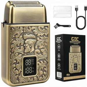 Gentlemen's BARBER SHOP LARGNER Haircuts Rasoio da uomo, rasoio alternativo con regolazione a 3 velocità, display a LED, ricaricabile tramite USB, corpo in metallo impermeabile, rasoio portatile senza fili per uso bagnato e asciutto