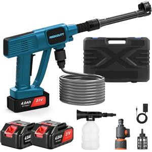 Redcoutt Idropulitrice a Batteria, Pistola Idropulitrice da 21V, Dotata di 2 Batterie da 4000 mAh, Ugello Multifunzione 6 in 1, Tubo da 5M, Batteria per Lavaggio Auto e Giardino