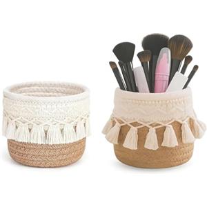 Yitobici Portapennelli kaki 2 pezzi, Cestino portaoggetti decorativo boho, Cestino intrecciato, Organizer per cosmetici con nappe per toeletta, Mini contenitori per pennelli da trucco