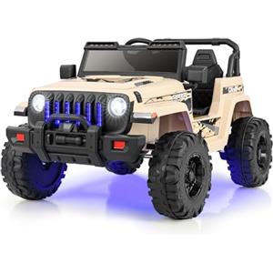 COSTWAY 12V Auto per Bambini con Telecomando, Macchina Elettrica con 2 Posti Musica Porta USB e Luce, Velocità Regolabile 2,6-6km/h, per 3-8 Anni (Cachi)