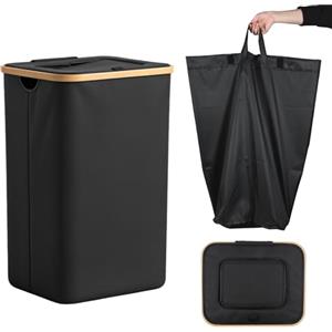 Carehabi Cesto Portabiancheria con Coperchio 100L Cesta Biancheria Pieghevole con Sacco Interno Rimovibile Cestino Bagno Portabiancheria Salvaspazio per Camera da Letto, Bagno, Lavanderia Nero