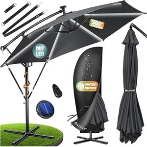 KESSER® Ombrellone in Alluminio Ø 300cm, LED solare, incl. Copertura, Telecomando, Manovella, Funzione 360°, Protezione UV, Idrorepellente, Ombrellone da Giardino, Antracite