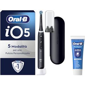 Oral-B iO 5 Spazzolino Elettrico Ricaricabile, con 1 Testina di Ricambio, Nero - 1 Testine di Ricambio per Spazzolino Elettrico, Custodia da Viaggio + 1 Dentifricio Pro Expert, Pulizia Denti Efficace