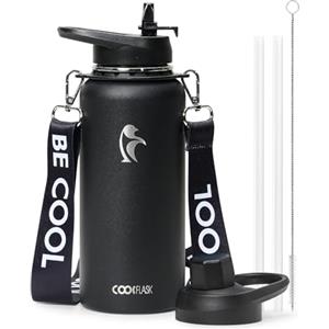Coolflask Borraccia termica in metallo con cannuccia e beccuccio, in acciaio inox, a doppia parete sottovuoto, mantiene il freddo per 48 ore e il caldo per 24 ore, a prova di perdite e senza BPA,