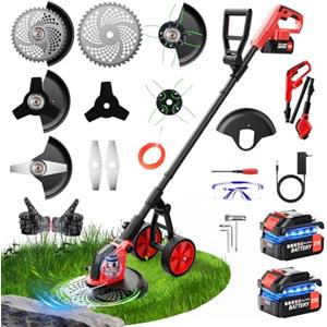 denqir Decespugliatore Tagliabordi a Batteria 30cm con Motore Brushless, 2 Batterie 3000mAh, 20000 Giri/min, 4 Lame, Asta Telescopica Regolabile, Decespugliatore Elettrico per Prato Erba Alta Bordi Giardino