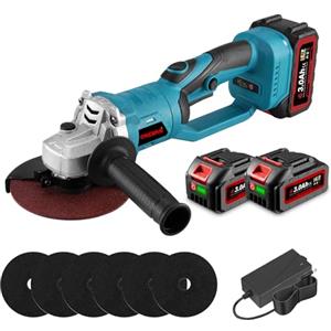 ONEVAN Smerigliatrice angolare a batteria, 125 mm, girevole a 180°, 3 marce, 0-18000 giri/min, smerigliatrice angolare senza spazzole, velocità regolabile con 2 batterie da 3000 mAh, caricabatterie, 6