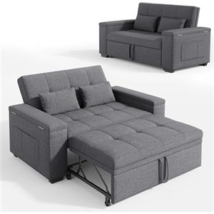 Xbro Divano Letto 2 Posti in Lino, Letto Esteso 175x116 cm, Convertibile 3 in 1 con 2 Cuscini e Tasche Laterali, Compatto Salvaspazio per Soggiorno e Camera Ospiti, 156x74x84 cm, Grigio Scuro