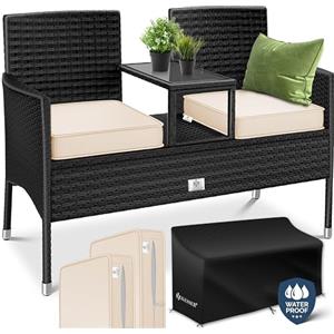 KESSER® Panca da giardino in polyrattan a 2 posti, con tavolo integrato, 143 x 63 x 88 cm, in rattan, per giardino, balcone, da giardino, resistente alle intemperie, set di sedie ultra stabile, con