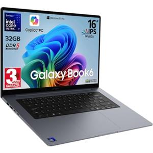 Samsung Galaxy Book6 Copilot+ Laptop 32Gb, Intel Core Ultra 7 355 16 WUXGA | Ram 32GB DDR5, SSD Pci 512Gb, Tastiera retroilluminata e fingerprint, Win 11 Pro, 3 Anni di garanzia Italiana dall'acquisto