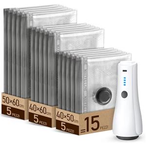 CIRYCASE Sacchetti Sottovuoto Vestiti con Pompa Elettrica -5000PA Aspirazione & 2000mAh, Portatile Buste Sottovuoto Compressione Riutilizzabile Salvaspazio per Bagagli/Deposito Domestico/Viaggi 15Pcs